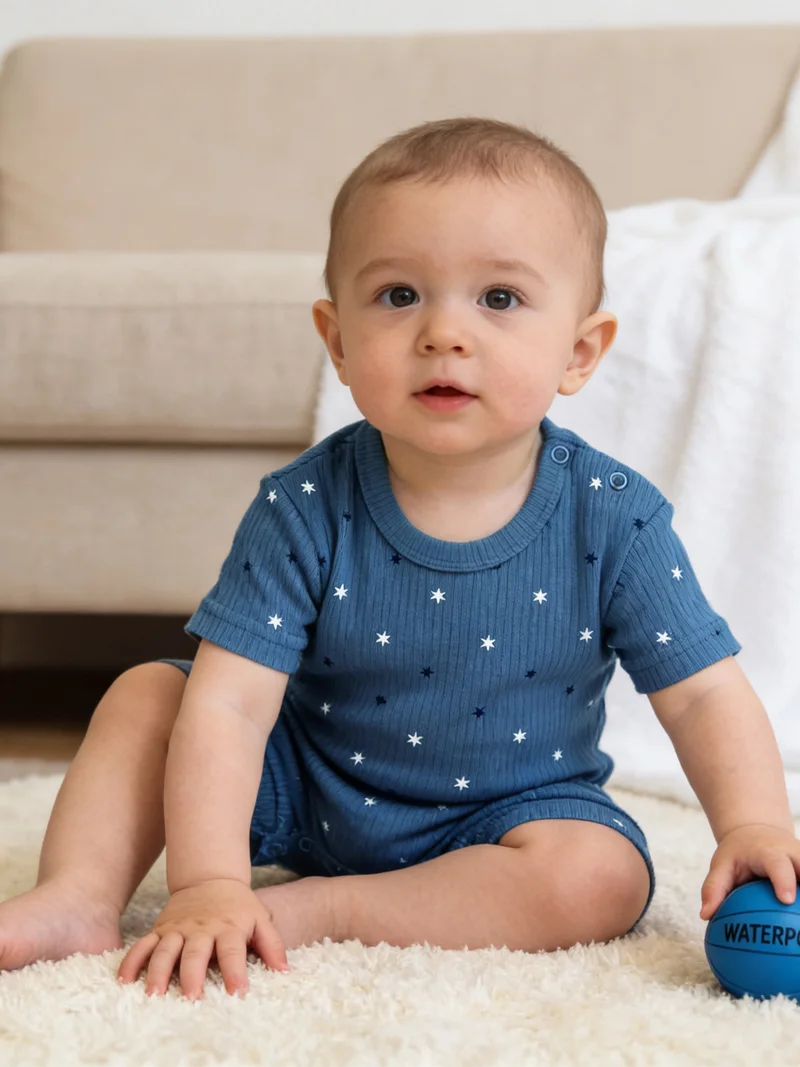 Babies Basic Babies Basic Ribbed Cotton Short Sleeves Romper, Blue